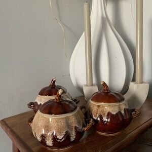 Set of 3 Brown pumpkins home decor or for dinner use oven safe dining fall‎